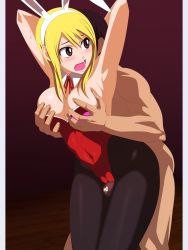 Rule 34 | 1boy, 1girl, animal ears, blonde hair, blush, grabbing another&#039;s breast, breasts, censored, clothed female nude male, fairy tail, fake animal ears, game cg, grabbing, hetero, highres, large breasts, legs, lime (purple haze), long hair, looking back, lucy heartfilia, mosaic censoring, nude, penis, playboy bunny, precum, rabbit ears, short hair, sweat, thigh sex
