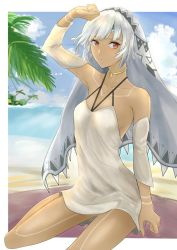 Rule 34 | 1girl, altera (fate), altera (formal dress) (fate), arm up, beach, chakama 817, dark-skinned female, dark skin, day, detached sleeves, dress, fate/grand order, fate (series), highres, looking at viewer, ocean, outdoors, palm tree, red eyes, short dress, short hair, sitting, solo, tattoo, tree, veil, white dress, white hair