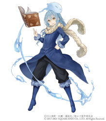 Rule 34 | 1other, blue hair, book, boots, colored eyelashes, crossover, full body, fur trim, hand on own hip, ji no, long hair, looking at viewer, official art, rimuru tempest, scarf, sinoalice, slime (creature), solo, square enix, tensei shitara slime datta ken, water, white background, yellow eyes
