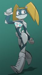 Rule 34 | 1girl, android, breasts, brokenlynx, cleavage, cosplay, gradient background, heart, jenny wakeman, mask, my life as a teenage robot, rainbow mika, robot, solo, street fighter