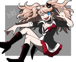 Rule 34 | 1girl, :d, bad id, bad twitter id, bear hair ornament, black footwear, black necktie, black shirt, blonde hair, blue eyes, boots, border, bow, breasts, choker, cleavage, crown print, danganronpa: trigger happy havoc, danganronpa (series), enoshima junko, from side, furukawa (yomawari), hair ornament, hand up, highres, knee boots, long hair, looking at viewer, medium breasts, nail polish, necktie, one eye closed, open mouth, pleated skirt, red bow, red nails, red skirt, school uniform, shirt, skirt, sleeves rolled up, smile, solo, teeth, twintails, upper teeth only, white border, white necktie