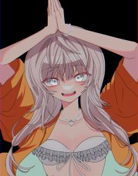 Rule 34 | 1girl, :d, arms up, bead bracelet, bead necklace, beads, bikini, black background, bracelet, breasts, collarbone, danganronpa (series), danganronpa v3: killing harmony, frilled bikini, frills, grey bikini, grey hair, highres, jacket, jewelry, komatta nagito, looking at viewer, necklace, open clothes, open jacket, open mouth, orange jacket, own hands clasped, own hands together, shell, shell necklace, simple background, small breasts, smile, solo, swimsuit, teeth, upper body, upper teeth only, white eyes, yonaga angie