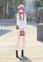 Rule 34 | 1girl, 1other, absurdres, bag, black footwear, blue eyes, blurry, blurry background, brick floor, brown bag, casual, closed mouth, commentary request, crosswalk, handbag, hara kenshi, highres, holding, holding bag, kuroba mitsuha, light blush, light smile, long hair, long sleeves, looking at viewer, original, outdoors, pink hair, plaid, plaid shirt, puffy long sleeves, puffy sleeves, red shirt, shirt, shopping bag, shoulder bag, solo focus, standing, sweater, v arms, white headwear, white sweater