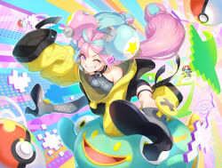 Rule 34 | 1girl, absurdres, aqua hair, bellibolt, boots, breasts, commentary request, creatures (company), eyelashes, floating hair, game freak, grey footwear, grey pantyhose, grey shirt, grin, high heel boots, high heels, highres, iono (pokemon), jacket, long hair, medium breasts, multicolored hair, nintendo, one eye closed, pantyhose, pink hair, poke ball, poke ball (basic), pokemon, pokemon (creature), pokemon sv, purple eyes, sharp teeth, shirt, shoe soles, single leg pantyhose, sleeveless, sleeveless shirt, sleeves past fingers, sleeves past wrists, smile, teeth, tel-o, thigh strap, twintails, two-tone hair, yellow jacket