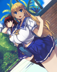 Rule 34 | 2girls, :d, bag, black legwear, blonde hair, blue eyes, blue sailor collar, blue skirt, blue sky, bow, bowtie, breasts, brown hair, day, dutch angle, hairband, hand up, highres, large breasts, long hair, looking at viewer, mariana princilla, mil (xration), miniskirt, multiple girls, open mouth, outdoors, pleated skirt, puffy short sleeves, puffy sleeves, reco love, reco love gold beach, red eyes, red hairband, sailor collar, school bag, school uniform, serafuku, shirt, short sleeves, shoulder bag, skirt, sky, smile, standing, thighhighs, white shirt, yellow bow, yellow neckwear, yuina (reco love), zettai ryouiki