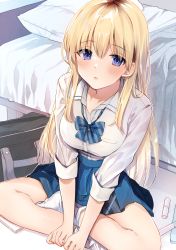 Rule 34 | 1girl, absurdres, bag, bed, black bag, blonde hair, blue eyes, blue skirt, blush, bow, bowtie, breasts, closed mouth, commentary request, full body, highres, indoors, large breasts, leg warmers, long hair, long sleeves, looking at viewer, looking up, lotus position, original, pillow, school uniform, shirt, sitting, skirt, solo, white legwear, white shirt, yu yu