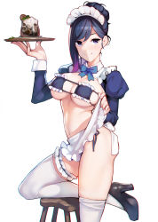 Rule 34 | 1girl, absurdres, apron, apron lift, ass, ataruman, bikini, black bikini, black footwear, black hair, bow, bowtie, breasts, chromatic aberration, cleavage, clothes lift, commentary request, cup, drinking glass, eyepatch bikini, frills, high heels, highres, holding, holding tray, kneeling, large breasts, lifted by self, looking at viewer, maid, maid bikini, maid headdress, navel, original, puffy sleeves, purple eyes, simple background, smile, solo, swimsuit, thighhighs, tray, unconventional maid, white background, white thighhighs