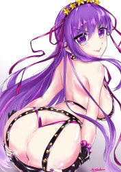 Rule 34 | 1girl, absurdres, artist request, ass, back, bare shoulders, bb (fate), bb (fate) (all), bb (swimsuit mooncancer) (fate), bead bracelet, beads, bikini, black garter belt, black gloves, black shorts, blush, bracelet, breasts, closed mouth, clothes pull, earrings, fate/grand order, fate (series), fingerless gloves, garter belt, gloves, hair ornament, hair ribbon, hairband, hands on own ass, highres, huge filesize, jewelry, large breasts, long hair, looking at viewer, looking back, micro shorts, nail polish, neck ribbon, purple bikini, purple eyes, purple hair, ribbon, shorts, shorts pull, sideboob, simple background, smile, star (symbol), star earrings, star hair ornament, studded garter belt, swimsuit, tongue, tongue out, very long hair, white background