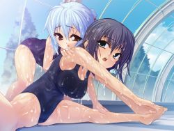 Rule 34 | 2girls, barefoot, black hair, blush, breasts, cleavage, multiple girls, one-piece swimsuit, silver hair, spread legs, swimsuit, wet