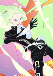 Rule 34 | 1boy, artist request, ascot, bad id, bad pixiv id, belt, black gloves, black jacket, blonde hair, cowboy shot, earrings, fire, gloves, green hair, half gloves, highres, jacket, jewelry, lio fotia, male focus, open mouth, promare, purple eyes, short hair, simple background, solo