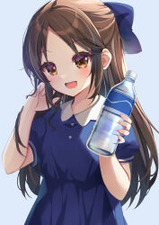 Rule 34 | 1girl, adjusting hair, blue background, blue bow, blue dress, blush, bottle, bow, brown eyes, brown hair, child, commentary, dress, hair bow, hands up, highres, holding, holding bottle, idolmaster, idolmaster cinderella girls, idolmaster cinderella girls u149, ikazu401, looking at viewer, open mouth, parted bangs, puffy short sleeves, puffy sleeves, short sleeves, simple background, solo, tachibana arisu, upper body, water bottle