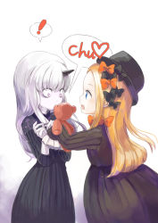 Rule 34 | !, 241 (nishiki), 2girls, abigail williams (fate), bad id, bad pixiv id, bags under eyes, black bow, black dress, black hat, blonde hair, blue eyes, bow, commentary request, dress, fate/grand order, fate (series), forehead, from side, hair between eyes, hair bow, hands up, hat, horns, kiss, lavinia whateley (fate), long hair, long sleeves, looking at another, multiple girls, object kiss, open mouth, orange bow, pale skin, parted bangs, pink eyes, polka dot, polka dot bow, profile, simple background, single horn, sleeves past wrists, spoken exclamation mark, stuffed animal, stuffed toy, teddy bear, white background, white hair, wide-eyed, yuri