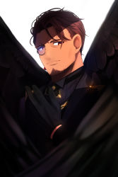 Rule 34 | 1boy, absurdres, belmond banderas, black gloves, black jacket, black wings, blurry, blurry foreground, brown eyes, brown hair, choco (chocovix112), closed mouth, depth of field, facial hair, feathered wings, gloves, grey shirt, hand up, highres, jacket, long sleeves, looking at viewer, male focus, monocle, nijisanji, shirt, simple background, solo, stubble, thick eyebrows, upper body, virtual youtuber, white background, wings