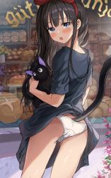Rule 34 | 1girl, :o, animal, ass, bakery, basket, black hair, blue dress, blue eyes, blush, bread, cat, clothes lift, commentary request, cowboy shot, dress, dress lift, flower, food, from behind, hairband, highres, holding, holding animal, holding cat, jiji (majo no takkyuubin), kiki (majo no takkyuubin), long hair, looking at viewer, looking back, majo no takkyuubin, outdoors, panties, pink flower, red hairband, saya (mychristian2), shop, short sleeves, signature, solo, standing, storefront, underwear, white panties