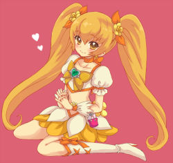 Rule 34 | 10s, 1girl, blonde hair, boots, bow, brooch, cure sunshine, hair ribbon, heart, heart brooch, heartcatch precure!, jewelry, knee boots, long hair, magical girl, midriff, myoudouin itsuki, navel, orange bow, pink background, precure, ribbon, sikuhima, sitting, skirt, smile, solo, twintails, wrist cuffs, yellow bow, yellow eyes