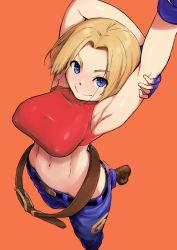 Rule 34 | 1girl, arm up, armpits, arms behind head, ash yokoshima, belt, blonde hair, blue eyes, blue gloves, blue mary, blush, breasts, brown footwear, closed mouth, covered erect nipples, denim, fatal fury, fingerless gloves, from above, gloves, jeans, large breasts, looking at viewer, midriff, navel, no bra, orange background, pants, parted bangs, red shirt, shirt, short hair, simple background, sleeveless, sleeveless shirt, smile, solo, sweat, tank top, the king of fighters