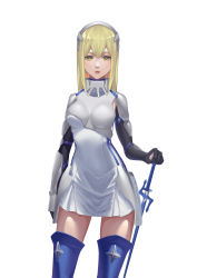 Rule 34 | 1girl, absurdres, aiz wallenstein, arm at side, armor, black gloves, blonde hair, blue footwear, boots, breasts, dungeon ni deai wo motomeru no wa machigatteiru darou ka, elbow gloves, gloves, highres, long hair, looking at viewer, silver skirt, simple background, small breasts, solo, standing, sword, takamitsu-kun, thigh boots, thighhighs, weapon, white background, yellow eyes