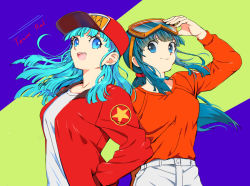 Rule 34 | 2girls, :d, alternate color, alternate hair color, aqua hair, back-to-back, bad id, bad pixiv id, baseball cap, blue background, blue eyes, blue hair, blunt bangs, breasts, bulma, buttons, chi-chi (dragon ball), clothes writing, dragon ball, dragon ball (classic), english text, eyelashes, fingernails, floating hair, goggles, goggles on head, green background, hand in pocket, happy, hat, hime cut, jacket, leather, leather jacket, libeuo (liveolivel), long hair, long sleeves, looking at viewer, looking away, medium breasts, multiple girls, open mouth, orange shirt, pants, ponytail, red headwear, red jacket, shiny clothes, shirt, sidelocks, simple background, smile, star (symbol), striped, striped background, teeth, text focus, two-tone background, upper body, upper teeth only, white pants, white shirt