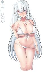 1girl alternate_costume bikini blush breasts collarbone cowboy_shot fuyutsuki_(kancolle) grey_eyes grey_hair kantai_collection large_breasts long_hair looking_at_viewer one_side_up swimsuit tf_cafe twitter_username white_background white_bikini white_hair