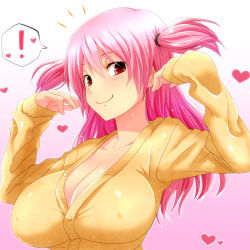 Rule 34 | !, 1girl, arms up, blush, breasts, cardigan, cleavage, gradient background, heart, highres, large breasts, long hair, no bra, original, pink hair, red eyes, simple background, smile, solo, spoken exclamation mark, sweater, two side up, watarui