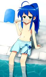 Rule 34 | 1girl, arm support, atira, bare shoulders, blue eyes, blue hair, blue male swimwear, blue swim trunks, blush, breasts, day, eating, feet out of frame, female focus, flat chest, food, green eyes, half-closed eyes, highres, izumi konata, legs, long hair, looking at viewer, lucky star, male swimwear, male swimwear challenge, mole, mole under eye, nipples, palm tree print, ponytail, pool, popsicle, print male swimwear, print swim trunks, sitting, solo, swim trunks, swimsuit, topless, water