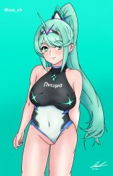 Rule 34 | 1girl, 2021, absurdres, blue eyes, blue hair, breasts, cleft of venus, competition swimsuit, highres, izaiah, nintendo, one-piece swimsuit, pneuma (xenoblade), pussy, smile, swimsuit, xenoblade chronicles (series), xenoblade chronicles 2