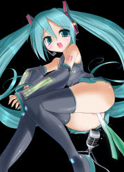 Rule 34 | 1girl, aqua hair, black background, black thighhighs, blouse, blush, boots, chocomark, collared shirt, grey shirt, hair between eyes, hatsune miku, knees together feet apart, long hair, microphone, necktie, negi suppository, no panties, object insertion, pussy, shirt, shoulder tattoo, skirt, sleeveless, sleeveless shirt, solo, spring onion, tattoo, thigh boots, thighhighs, twintails, uniform, vaginal, very long hair, vocaloid, vocaloid2