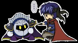 Rule 34 | animated, animated gif, armor, blue hair, cape, fire emblem, fire emblem: path of radiance, forward smash, gloves, headband, ike (fire emblem), kirby (series), mask, meta knight, nintendo, outline, stick, super smash bros., tears, transparent background, white outline, yellow eyes