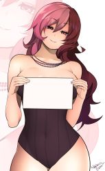 Rule 34 | 1girl, absurdres, artist name, breasts, brown eyes, brown hair, collarbone, covered navel, curvy, heterochromia, highres, holding, holding sign, jewelry, large breasts, leotard, long hair, looking at viewer, multicolored hair, nachocobana, necklace, neo politan, pink eyes, pink hair, rwby, sign, smile, solo, thighs, wide hips