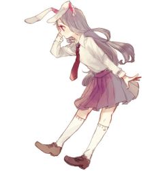 Rule 34 | 1girl, animal ears, bad id, bad twitter id, full body, jpeg artifacts, kneehighs, light purple hair, long hair, long sleeves, necktie, open mouth, profile, rabbit ears, red eyes, red necktie, reisen udongein inaba, shirt, shoes, simple background, skirt, socks, solo, touhou, white background, white socks, yujup
