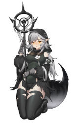 Rule 34 | 1girl, ahoge, arknights, black dress, black footwear, black hair, black jacket, black thighhighs, blush, breasts, commentary, covered erect nipples, crocodilian tail, dress, flower, full body, gloves, goggles, goggles around neck, grey gloves, highres, holding, holding staff, hood, hood up, jacket, kneeling, large tail, long hair, looking at viewer, medium breasts, multicolored hair, off shoulder, open clothes, open jacket, open mouth, orange eyes, ouer moyu, parted lips, pointy ears, shoes, silver hair, simple background, solo, staff, streaked hair, tail, taut clothes, taut dress, thighhighs, tomimi (arknights), torn clothes, torn thighhighs, two-tone hair, white background, white flower