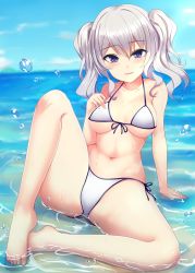 Rule 34 | 1girl, bare legs, barefoot, beach, bikini, blue sky, blush, breasts, closed mouth, commentary request, day, front-tie bikini top, front-tie top, hair between eyes, highres, horizon, kantai collection, kashima (kancolle), knee up, long hair, looking at viewer, medium breasts, myuu (arisumeria), navel, outdoors, parted lips, purple eyes, side-tie bikini bottom, sidelocks, silver hair, sitting, sky, smile, solo, swimsuit, thighs, twintails, underboob, water drop, wavy hair, white bikini