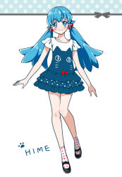 Rule 34 | 10s, 1girl, alternate hairstyle, blue dress, blue eyes, blue hair, character name, dress, english text, eyelashes, fashion, full body, hair ornament, happinesscharge precure!, happy, kagami chihiro, long hair, looking at viewer, matching hair/eyes, precure, ribbon, shirayuki hime, shoes, smile, socks, solo, standing, twintails, white background
