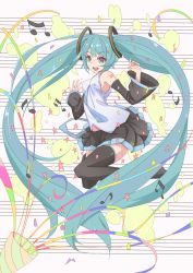 Rule 34 | 1girl, absurdly long hair, aqua eyes, aqua hair, beamed quavers, detached sleeves, gnosis (ylyk), hatsune miku, highres, long hair, musical note, necktie, open mouth, quaver, skirt, solo, star (symbol), thighhighs, twintails, very long hair, vocaloid