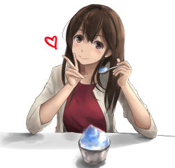 Rule 34 | 1girl, akagi (kancolle), alternate costume, blush, breasts, brown eyes, brown hair, closed mouth, food, hair between eyes, haruto (harut n), highres, jacket, kantai collection, long hair, looking at viewer, medium breasts, shaved ice, simple background, sitting, smile, solo, spoon, upper body, v, white background, white jacket