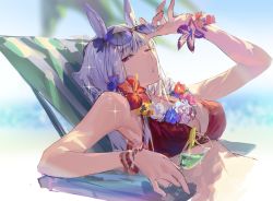 Rule 34 | 1girl, adjusting eyewear, bikini, blurry, blurry background, breasts, chair, cleavage, cup, drinking glass, flower, flower wreath, gold ship (umamusume), grey hair, half-closed eye, hibiscus, highres, holding, holding cup, hurricane glass, large breasts, long hair, looking at viewer, lounge chair, nashinashi, one eye closed, open mouth, reclining, red bikini, red eyes, scrunchie, solo, sparkle, sunglasses, swimsuit, umamusume, upper body, wrist scrunchie