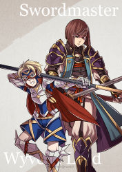 Rule 34 | 2boys, armor, blonde hair, bob cut, breastplate, brown hair, cape, english text, fire emblem, fire emblem fates, gauntlets, gzei, hisame (fire emblem), holding, holding sword, holding weapon, looking at viewer, mask, multiple boys, nintendo, percy (fire emblem), polearm, simple background, smile, spear, sword, weapon