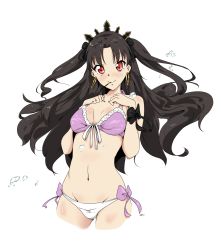 Rule 34 | 1girl, bare shoulders, bikini, black hair, black ribbon, breasts, cropped legs, crown, earrings, fate/grand order, fate (series), food, front-tie bikini top, front-tie top, hair ribbon, hands on own chest, highres, ishtar (fate), jewelry, long hair, looking at viewer, mismatched bikini, mouth hold, navel, pink bikini, pocky, red eyes, ribbon, side-tie bikini bottom, signature, simple background, small breasts, solo, standing, swimsuit, tohsaka rin, two side up, very long hair, vesperiastar, water drop, white background, white bikini, wrist bow
