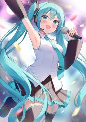 Rule 34 | 1girl, arm up, armpits, bare shoulders, black skirt, blue eyes, blue hair, blue nails, blue necktie, blush, boots, breasts, collared shirt, detached sleeves, from below, hair between eyes, hand up, hannari369, happy, hatsune miku, headset, highres, holding, holding microphone, leg up, long hair, looking at viewer, looking down, microphone, miniskirt, music, nail polish, necktie, outstretched arm, pleated skirt, shirt, singing, skirt, small breasts, solo, stage, stage lights, standing, standing on one leg, thigh boots, thighs, twintails, very long hair, vocaloid, white shirt, wide sleeves