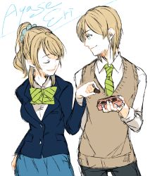 Rule 34 | 10s, 1boy, 1girl, ayase eli, blazer, blonde hair, blue eyes, bow, bowtie, box, box of chocolates, character name, chocolate, closed eyes, collared shirt, dual persona, genderswap, genderswap (ftm), green bow, green bowtie, green necktie, jacket, long sleeves, looking at another, love live!, love live! school idol project, necktie, open mouth, ponytail, school uniform, scrunchie, shirt, sketch, skirt, smile, sofy, striped bow, striped bowtie, striped clothes, striped necktie, striped neckwear, sweater vest, white background, white shirt