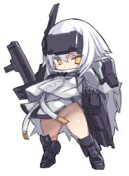 Rule 34 | 1girl, armor, armored boots, assault rifle, boots, chibi, cloak, convenient censoring, dog tags, full body, goddess of victory: nikke, gun, karukan (monjya), long hair, looking at viewer, mechanical arms, no panties, rifle, shoulder armor, simple background, single mechanical arm, snow white (nikke), solo, standing, visor (armor), weapon, white background, white cloak, white hair, yellow eyes