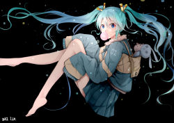 Rule 34 | 1girl, absurdres, aqua hair, backpack, bag, baiel, barefoot, black background, blue eyes, blue jacket, blue skirt, blowing bubbles, chewing gum, commentary, feet, from side, hair ornament, hatsune miku, highres, jacket, knees up, long hair, looking at viewer, miniskirt, number print, outstretched leg, pleated skirt, skirt, sleeves past fingers, sleeves past wrists, stuffed toy, toes, twintails, very long hair, vocaloid