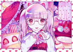 Rule 34 | 1girl, :d, animal ears, bed, blunt bangs, blush, bra, cat ears, cloud, commentary, couch, crescent, curtains, cushion, food, fruit, glasses, hand on own chin, hands up, indoors, kiato, long hair, long sleeves, looking at viewer, nail polish, open mouth, original, outside border, pillow, pink hair, red-framed eyewear, red bra, red eyes, shrug (clothing), sleeves past wrists, smile, solo, strawberry, symbol-only commentary, table, twintails, underwear, upper body, window