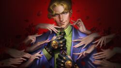 Rule 34 | 1boy, artist name, black gloves, blonde hair, blue eyes, buttons, closed mouth, collared shirt, commentary, diamond wa kudakenai, disembodied hand, falling petals, fingernails, flower, formal, gloves, green shirt, highres, jewelry, jojo no kimyou na bouken, killer queen, kira yoshikage, long fingernails, looking at viewer, male focus, nail polish, necktie, partially fingerless gloves, petals, purple necktie, purple suit, rakavka, red flower, ring, rose petals, shirt, short hair, smirk, spiked gloves, spikes, striped clothes, striped shirt, suit, symbol-only commentary, vertical-striped clothes, vertical-striped shirt