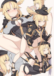 Rule 34 | 1boy, 1girl, arched back, ass, beret, between breasts, black choker, black headwear, black jacket, black one-piece swimsuit, blonde hair, book, boxer briefs, braid, breasts, bright pupils, choker, closed mouth, commentary, fate/grand order, fate (series), hat, head wings, hetero, highres, holding, holding book, imminent breast grab, jacket, large breasts, leaning forward, light frown, long sleeves, looking at viewer, male underwear, multiple views, one-piece swimsuit, open clothes, open jacket, open mouth, parted bangs, profile, reading, red eyes, rindr (fate), sandals, shiseki hirame, slit pupils, spread legs, sweat, swimsuit, thighs, tongue, tongue out, two-tone gloves, underwear, valkyrie (fate), white pupils, wings