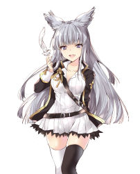 Rule 34 | 10s, 1girl, anapom, animal ears, asymmetrical legwear, belt, belt skirt, black jacket, black thighhighs, blunt bangs, blush, breasts, cleavage, collarbone, collared dress, cowboy shot, dress, erune, fang, gold trim, granblue fantasy, grey eyes, hair ornament, highres, jacket, korwa, large breasts, long hair, long sleeves, looking at viewer, mismatched legwear, open clothes, open jacket, quill, ribbed dress, short dress, sidelocks, silver hair, skindentation, smile, solo, thighhighs, white background, white thighhighs