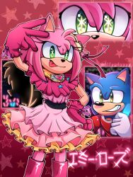Rule 34 | 1boy, 1girl, amy rose, animal ears, animal nose, arm up, commentary, cosplay, dress, english commentary, furry, furry female, furry male, gloves, glowstick, green eyes, grin, hair ornament, highres, holding glowstick, hoshino ai (oshi no ko), hoshino ai (oshi no ko) (cosplay), open mouth, oshi no ko, pink dress, pink gloves, red shirt, shirt, smile, sonic (series), sonic the hedgehog, standing, star-shaped pupils, star (symbol), starry background, symbol-shaped pupils, tongue, tongue out, white gloves, wolfyg4yyyy