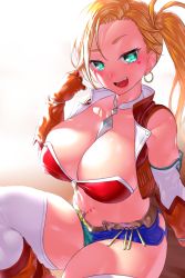 Rule 34 | 1girl, aqua eyes, backlighting, between breasts, bikini, bikini top only, blush, boots, breasts, brown vest, calamity jane (fate), cleavage, cropped vest, detached collar, earrings, fate/grand order, fate (series), fingerless gloves, gloves, highres, hoop earrings, jewelry, large breasts, long hair, looking at viewer, navel, onsoku inu, open mouth, red bikini, side ponytail, simple background, smile, solo, star tattoo, swimsuit, tattoo, thighhighs, thighhighs under boots, thighs, two-tone shorts, vest, white background, white thighhighs