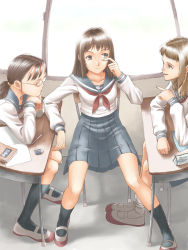 Rule 34 | 3girls, arimura yuu, black legwear, classroom, indoors, long hair, multiple girls, original, pleated skirt, school, school uniform, serafuku, sitting, skirt, socks