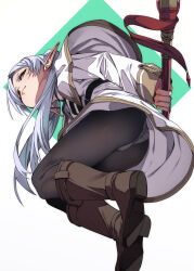 Rule 34 | 1girl, arms behind back, ass, belt, black belt, black leggings, boots, capelet, closed mouth, cut bangs, dangle earrings, drop earrings, earrings, elf, frieren, from below, fu-ta, full body, green eyes, grey hair, highres, holding, holding staff, jewelry, leather, leather boots, leggings, long hair, long sleeves, looking at viewer, mage staff, midair, panties, panties under pantyhose, pantyhose, parted bangs, pointy ears, shirt, simple background, solo, sousou no frieren, staff, striped clothes, striped shirt, thighs, twintails, underwear, upskirt, white background, white capelet